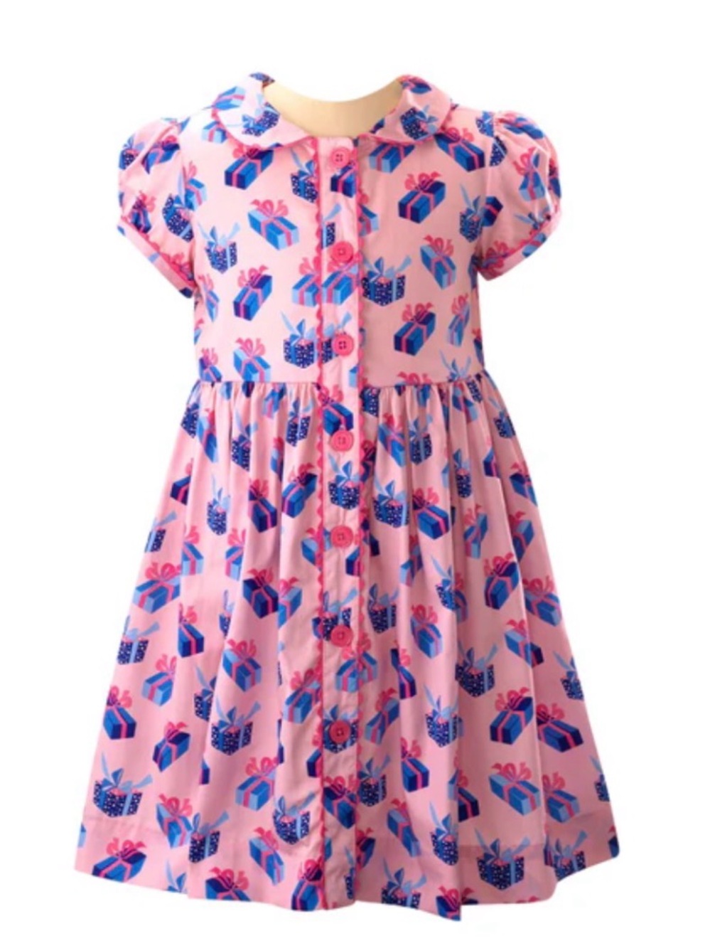 Rachel Riley Pink Gift-Print Button-Down Cotton Dress